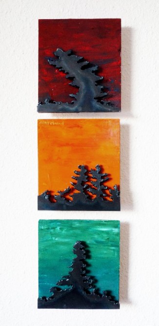 "Triptych" Steel and Acrylic on Wood (SOLD) is 3 individual 5"X5" pieces,I made the Red one first, had it at a show and the lady who bought it then commissioned the other two, Thanks Sarah! Good idea! fixed